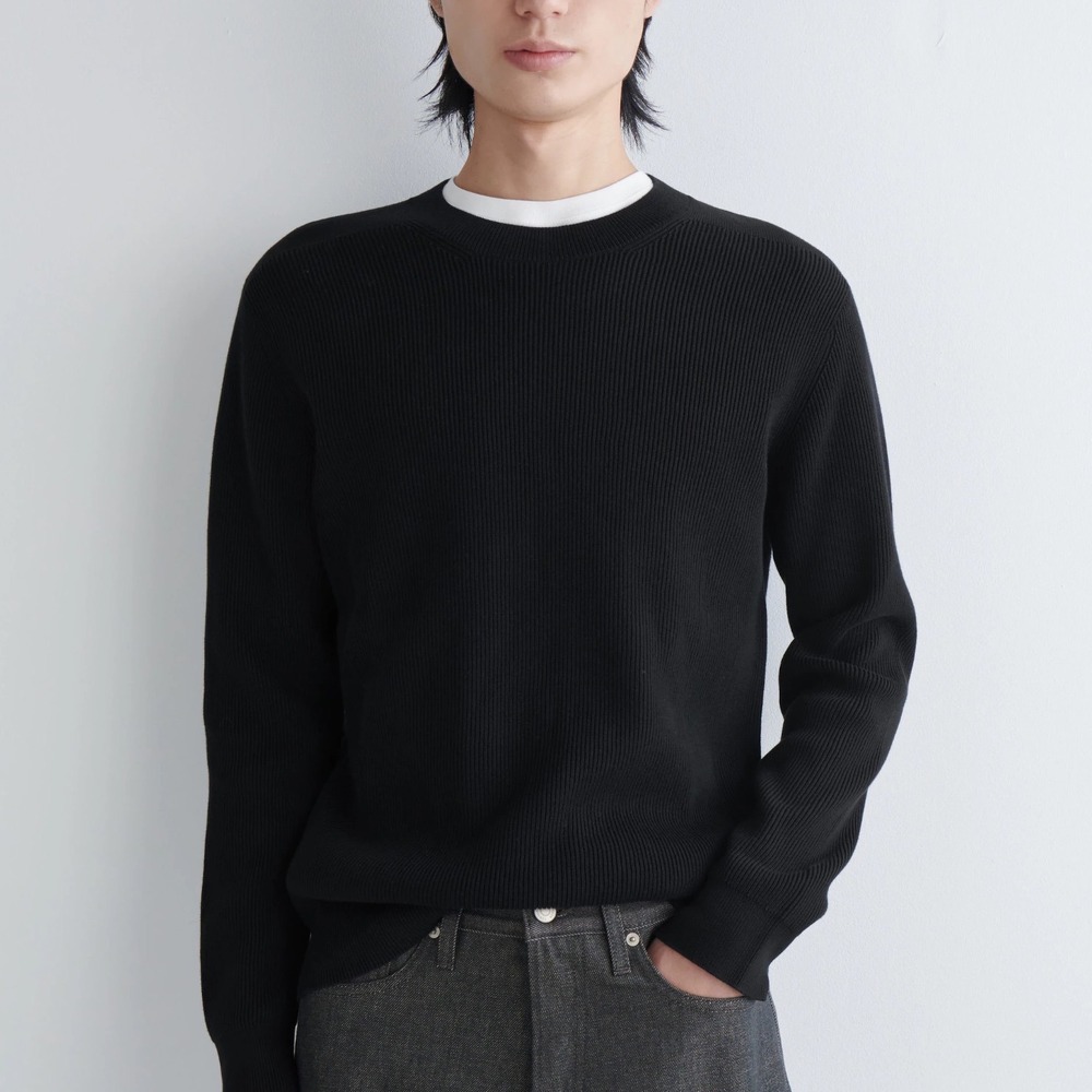 COS Mens Black Ribbed Crewneck Sweater 100% Cotton Knit Size Medium